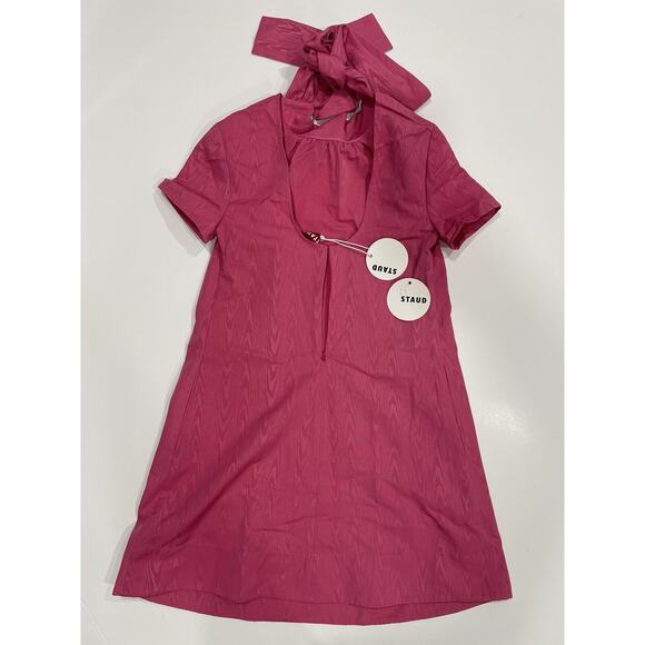 Staud Women Ilana Bow Tie Mock Neck Short Sleeve Tailored Mini Dress Lollipop XS - Picture 2 of 3